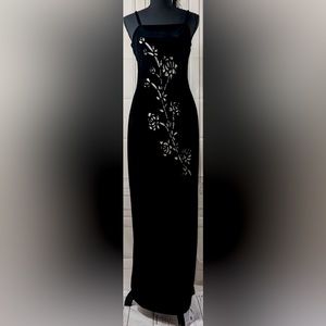Black Velvet Maxi Dress Size 8 Spaghetti Strap Silver Sequin Metallic Gown